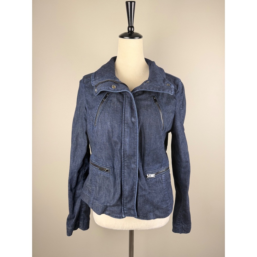 Ann Taylor Denim Moto Jacket Womens 10 Blue Dark Wash‎ Zip Up Pocket